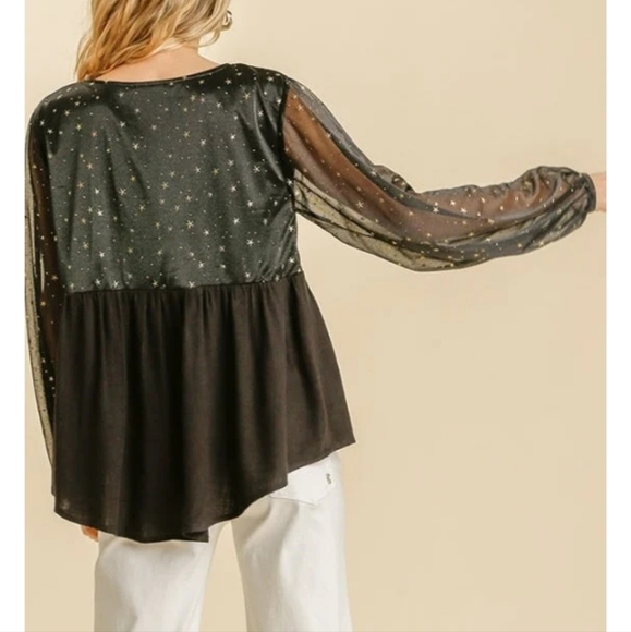 UMGEE Peasant Blouse Ballon Sheer Sleeve Plunge Neck Casual Top Gold Accent Sz M - Picture 8 of 12
